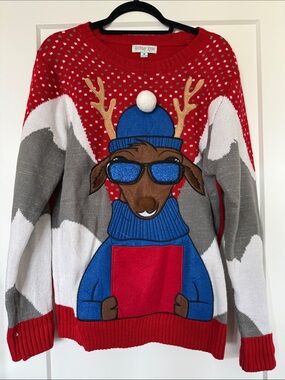 Holiday Moose Red Crewneck Sweater with Novelty Reindeer Graphic